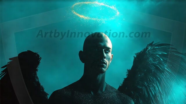 A detailed AI generated photograph featuring a beautiful handsome male angel warrior with ethereal skin and a beautiful body. Imbued with feathered wings, enormous and shimmering, a powerful warrior from the heavens. He possesses a strong, sharp jawline, chiseled muscular torso, pectorals, abs, sleek nose high cheekbones, vibrant eyes, silver earrings. With huge vibrate silver feathered wings, enormous and shimmering, with a radiant hue, reflecting light in a mesmerizing way. Here is a raw, untamed energy that emanates from him. His presence is electrifying, drawing viewers in with his captivating gaze and formidable presence. Perfect face, perfect hands.