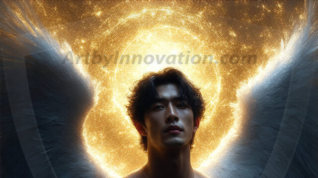 A detailed AI generated photograph featuring a beautiful handsome male angel warrior with ethereal skin and a beautiful body. Imbued with feathered wings, enormous and shimmering, a powerful warrior from the heavens. He possesses a strong, sharp jawline, chiseled muscular torso, pectorals, abs, sleek nose high cheekbones, vibrant eyes, silver earrings. With huge vibrate silver feathered wings, enormous and shimmering, with a radiant hue, reflecting light in a mesmerizing way. Here is a raw, untamed energy that emanates from him. His presence is electrifying, drawing viewers in with his captivating gaze and formidable presence. Perfect face, perfect hands.