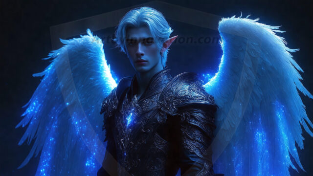 A detailed AI generated photograph featuring a beautiful handsome male angel warrior with ethereal skin and a beautiful body. Imbued with feathered wings, enormous and shimmering, a powerful warrior from the heavens. He possesses a strong, sharp jawline, chiseled muscular torso, pectorals, abs, sleek nose high cheekbones, vibrant eyes, silver earrings. With huge vibrate silver feathered wings, enormous and shimmering, with a radiant hue, reflecting light in a mesmerizing way. Here is a raw, untamed energy that emanates from him. His presence is electrifying, drawing viewers in with his captivating gaze and formidable presence. Perfect face, perfect hands.