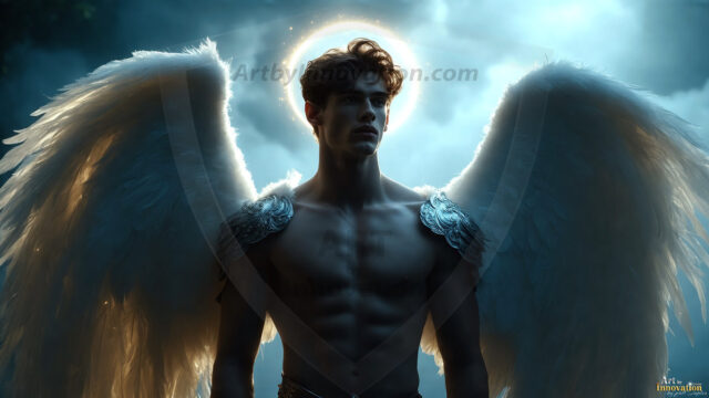 A detailed AI generated photograph featuring a beautiful handsome male angel warrior with ethereal skin and a beautiful body. Imbued with feathered wings, enormous and shimmering, a powerful warrior from the heavens. He possesses a strong, sharp jawline, chiseled muscular torso, pectorals, abs, sleek nose high cheekbones, vibrant eyes, silver earrings. With huge vibrate silver feathered wings, enormous and shimmering, with a radiant hue, reflecting light in a mesmerizing way. Here is a raw, untamed energy that emanates from him. His presence is electrifying, drawing viewers in with his captivating gaze and formidable presence. Perfect face, perfect hands.