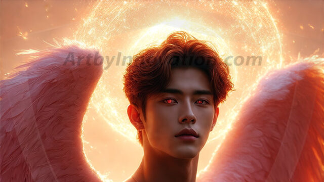 A detailed AI generated photograph featuring a beautiful handsome male angel warrior with ethereal skin and a beautiful body. Imbued with feathered wings, enormous and shimmering, a powerful warrior from the heavens. He possesses a strong, sharp jawline, chiseled muscular torso, pectorals, abs, sleek nose high cheekbones, vibrant eyes, silver earrings. With huge vibrate silver feathered wings, enormous and shimmering, with a radiant hue, reflecting light in a mesmerizing way. Here is a raw, untamed energy that emanates from him. His presence is electrifying, drawing viewers in with his captivating gaze and formidable presence. Perfect face, perfect hands.