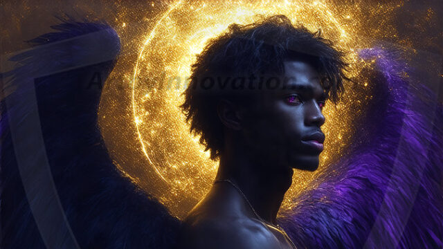 A detailed AI generated photograph featuring a beautiful handsome male angel warrior with ethereal skin and a beautiful body. Imbued with feathered wings, enormous and shimmering, a powerful warrior from the heavens. He possesses a strong, sharp jawline, chiseled muscular torso, pectorals, abs, sleek nose high cheekbones, vibrant eyes, silver earrings. With huge vibrate silver feathered wings, enormous and shimmering, with a radiant hue, reflecting light in a mesmerizing way. Here is a raw, untamed energy that emanates from him. His presence is electrifying, drawing viewers in with his captivating gaze and formidable presence. Perfect face, perfect hands.