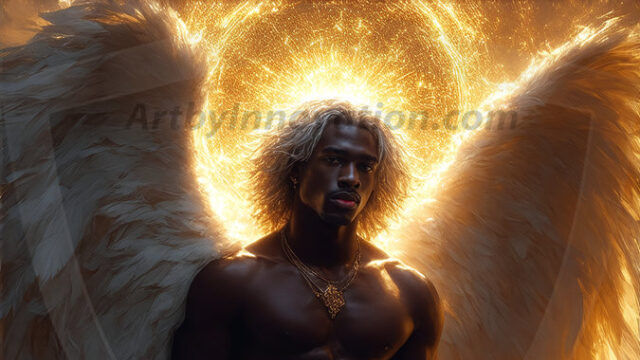 A detailed AI generated photograph featuring a beautiful handsome male angel warrior with ethereal skin and a beautiful body. Imbued with feathered wings, enormous and shimmering, a powerful warrior from the heavens. He possesses a strong, sharp jawline, chiseled muscular torso, pectorals, abs, sleek nose high cheekbones, vibrant eyes, silver earrings. With huge vibrate silver feathered wings, enormous and shimmering, with a radiant hue, reflecting light in a mesmerizing way. Here is a raw, untamed energy that emanates from him. His presence is electrifying, drawing viewers in with his captivating gaze and formidable presence. Perfect face, perfect hands.