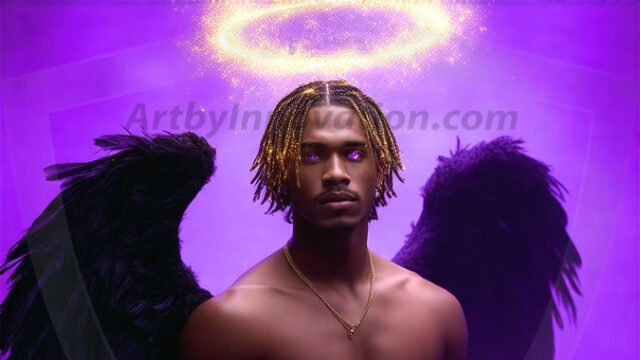A detailed AI generated photograph featuring a beautiful handsome male angel warrior with ethereal skin and a beautiful body. Imbued with feathered wings, enormous and shimmering, a powerful warrior from the heavens. He possesses a strong, sharp jawline, chiseled muscular torso, pectorals, abs, sleek nose high cheekbones, vibrant eyes, silver earrings. With huge vibrate silver feathered wings, enormous and shimmering, with a radiant hue, reflecting light in a mesmerizing way. Here is a raw, untamed energy that emanates from him. His presence is electrifying, drawing viewers in with his captivating gaze and formidable presence. Perfect face, perfect hands.