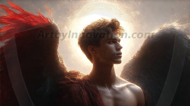 A detailed AI generated photograph featuring a beautiful handsome male angel warrior with ethereal skin and a beautiful body. Imbued with feathered wings, enormous and shimmering, a powerful warrior from the heavens. He possesses a strong, sharp jawline, chiseled muscular torso, pectorals, abs, sleek nose high cheekbones, vibrant eyes, silver earrings. With huge vibrate silver feathered wings, enormous and shimmering, with a radiant hue, reflecting light in a mesmerizing way. Here is a raw, untamed energy that emanates from him. His presence is electrifying, drawing viewers in with his captivating gaze and formidable presence. Perfect face, perfect hands.