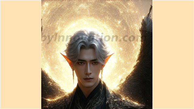 A detailed AI generated photograph featuring a beautiful handsome male angel warrior with ethereal skin and a beautiful body. Imbued with feathered wings, enormous and shimmering, a powerful warrior from the heavens. He possesses a strong, sharp jawline, chiseled muscular torso, pectorals, abs, sleek nose high cheekbones, vibrant eyes, silver earrings. With huge vibrate silver feathered wings, enormous and shimmering, with a radiant hue, reflecting light in a mesmerizing way. Here is a raw, untamed energy that emanates from him. His presence is electrifying, drawing viewers in with his captivating gaze and formidable presence. Perfect face, perfect hands.