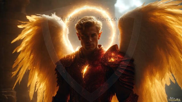 A detailed AI generated photograph featuring a beautiful handsome male angel warrior with ethereal skin and a beautiful body. Imbued with feathered wings, enormous and shimmering, a powerful warrior from the heavens. He possesses a strong, sharp jawline, chiseled muscular torso, pectorals, abs, sleek nose high cheekbones, vibrant eyes, silver earrings. With huge vibrate silver feathered wings, enormous and shimmering, with a radiant hue, reflecting light in a mesmerizing way. Here is a raw, untamed energy that emanates from him. His presence is electrifying, drawing viewers in with his captivating gaze and formidable presence. Perfect face, perfect hands.
