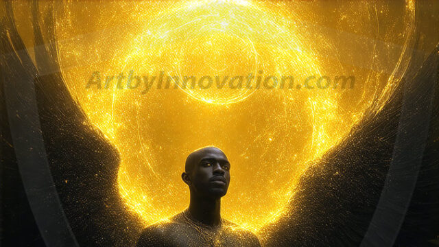 A detailed AI generated photograph featuring a beautiful handsome male angel warrior with ethereal skin and a beautiful body. Imbued with feathered wings, enormous and shimmering, a powerful warrior from the heavens. He possesses a strong, sharp jawline, chiseled muscular torso, pectorals, abs, sleek nose high cheekbones, vibrant eyes, silver earrings. With huge vibrate silver feathered wings, enormous and shimmering, with a radiant hue, reflecting light in a mesmerizing way. Here is a raw, untamed energy that emanates from him. His presence is electrifying, drawing viewers in with his captivating gaze and formidable presence. Perfect face, perfect hands.