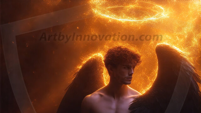 A detailed AI generated photograph featuring a beautiful handsome male angel warrior with ethereal skin and a beautiful body. Imbued with feathered wings, enormous and shimmering, a powerful warrior from the heavens. He possesses a strong, sharp jawline, chiseled muscular torso, pectorals, abs, sleek nose high cheekbones, vibrant eyes, silver earrings. With huge vibrate silver feathered wings, enormous and shimmering, with a radiant hue, reflecting light in a mesmerizing way. Here is a raw, untamed energy that emanates from him. His presence is electrifying, drawing viewers in with his captivating gaze and formidable presence. Perfect face, perfect hands.