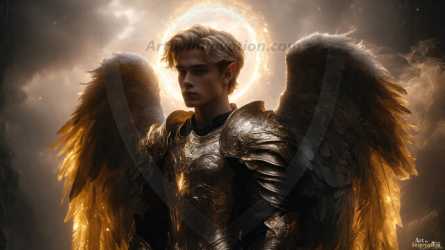 A detailed AI generated photograph featuring a beautiful handsome male angel warrior with ethereal skin and a beautiful body. Imbued with feathered wings, enormous and shimmering, a powerful warrior from the heavens. He possesses a strong, sharp jawline, chiseled muscular torso, pectorals, abs, sleek nose high cheekbones, vibrant eyes, silver earrings. With huge vibrate silver feathered wings, enormous and shimmering, with a radiant hue, reflecting light in a mesmerizing way. Here is a raw, untamed energy that emanates from him. His presence is electrifying, drawing viewers in with his captivating gaze and formidable presence. Perfect face, perfect hands.
