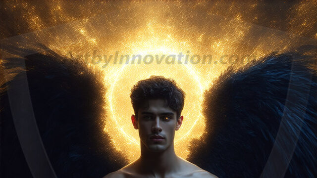 A detailed AI generated photograph featuring a beautiful handsome male angel warrior with ethereal skin and a beautiful body. Imbued with feathered wings, enormous and shimmering, a powerful warrior from the heavens. He possesses a strong, sharp jawline, chiseled muscular torso, pectorals, abs, sleek nose high cheekbones, vibrant eyes, silver earrings. With huge vibrate silver feathered wings, enormous and shimmering, with a radiant hue, reflecting light in a mesmerizing way. Here is a raw, untamed energy that emanates from him. His presence is electrifying, drawing viewers in with his captivating gaze and formidable presence. Perfect face, perfect hands.