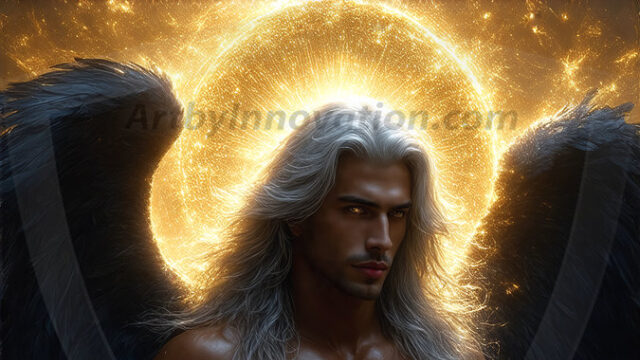 A detailed AI generated photograph featuring a beautiful handsome male angel warrior with ethereal skin and a beautiful body. Imbued with feathered wings, enormous and shimmering, a powerful warrior from the heavens. He possesses a strong, sharp jawline, chiseled muscular torso, pectorals, abs, sleek nose high cheekbones, vibrant eyes, silver earrings. With huge vibrate silver feathered wings, enormous and shimmering, with a radiant hue, reflecting light in a mesmerizing way. Here is a raw, untamed energy that emanates from him. His presence is electrifying, drawing viewers in with his captivating gaze and formidable presence. Perfect face, perfect hands.