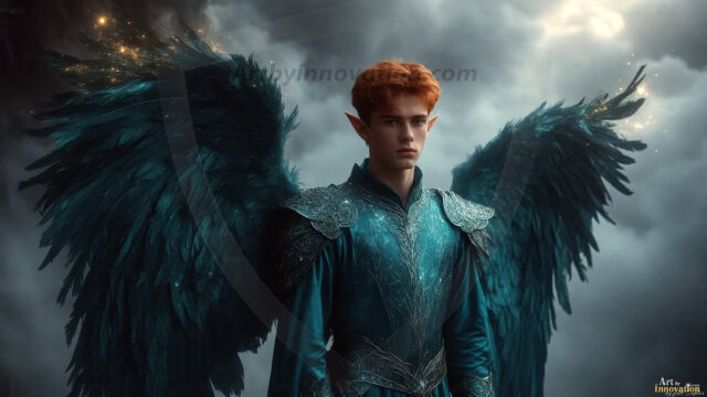 A detailed AI generated photograph featuring a beautiful handsome male angel warrior with ethereal skin and a beautiful body. Imbued with feathered wings, enormous and shimmering, a powerful warrior from the heavens. He possesses a strong, sharp jawline, chiseled muscular torso, pectorals, abs, sleek nose high cheekbones, vibrant eyes, silver earrings. With huge vibrate silver feathered wings, enormous and shimmering, with a radiant hue, reflecting light in a mesmerizing way. Here is a raw, untamed energy that emanates from him. His presence is electrifying, drawing viewers in with his captivating gaze and formidable presence. Perfect face, perfect hands.