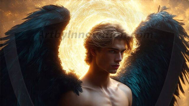 A detailed AI generated photograph featuring a beautiful handsome male angel warrior with ethereal skin and a beautiful body. Imbued with feathered wings, enormous and shimmering, a powerful warrior from the heavens. He possesses a strong, sharp jawline, chiseled muscular torso, pectorals, abs, sleek nose high cheekbones, vibrant eyes, silver earrings. With huge vibrate silver feathered wings, enormous and shimmering, with a radiant hue, reflecting light in a mesmerizing way. Here is a raw, untamed energy that emanates from him. His presence is electrifying, drawing viewers in with his captivating gaze and formidable presence. Perfect face, perfect hands.