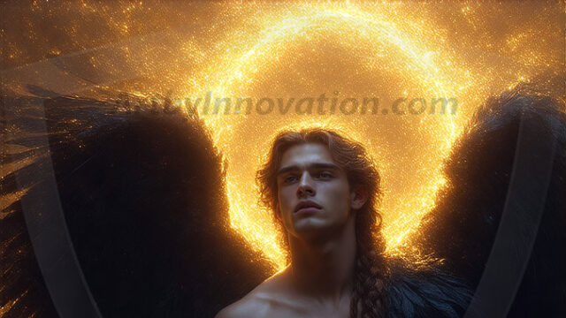 A detailed AI generated photograph featuring a beautiful handsome male angel warrior with ethereal skin and a beautiful body. Imbued with feathered wings, enormous and shimmering, a powerful warrior from the heavens. He possesses a strong, sharp jawline, chiseled muscular torso, pectorals, abs, sleek nose high cheekbones, vibrant eyes, silver earrings. With huge vibrate silver feathered wings, enormous and shimmering, with a radiant hue, reflecting light in a mesmerizing way. Here is a raw, untamed energy that emanates from him. His presence is electrifying, drawing viewers in with his captivating gaze and formidable presence. Perfect face, perfect hands.