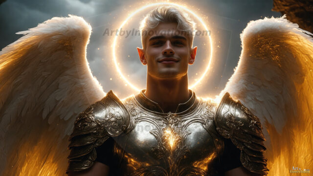 A detailed AI generated photograph featuring a beautiful handsome male angel warrior with ethereal skin and a beautiful body. Imbued with feathered wings, enormous and shimmering, a powerful warrior from the heavens. He possesses a strong, sharp jawline, chiseled muscular torso, pectorals, abs, sleek nose high cheekbones, vibrant eyes, silver earrings. With huge vibrate silver feathered wings, enormous and shimmering, with a radiant hue, reflecting light in a mesmerizing way. Here is a raw, untamed energy that emanates from him. His presence is electrifying, drawing viewers in with his captivating gaze and formidable presence. Perfect face, perfect hands.