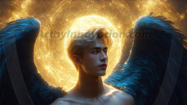 A detailed AI generated photograph featuring a beautiful handsome male angel warrior with ethereal skin and a beautiful body. Imbued with feathered wings, enormous and shimmering, a powerful warrior from the heavens. He possesses a strong, sharp jawline, chiseled muscular torso, pectorals, abs, sleek nose high cheekbones, vibrant eyes, silver earrings. With huge vibrate silver feathered wings, enormous and shimmering, with a radiant hue, reflecting light in a mesmerizing way. Here is a raw, untamed energy that emanates from him. His presence is electrifying, drawing viewers in with his captivating gaze and formidable presence. Perfect face, perfect hands.