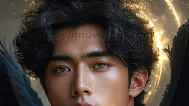 A detailed AI generated photograph featuring a beautiful handsome male angel warrior with ethereal skin and a beautiful body. Imbued with feathered wings, enormous and shimmering, a powerful warrior from the heavens. He possesses a strong, sharp jawline, chiseled muscular torso, pectorals, abs, sleek nose high cheekbones, vibrant eyes, silver earrings. With huge vibrate silver feathered wings, enormous and shimmering, with a radiant hue, reflecting light in a mesmerizing way. Here is a raw, untamed energy that emanates from him. His presence is electrifying, drawing viewers in with his captivating gaze and formidable presence. Perfect face, perfect hands.