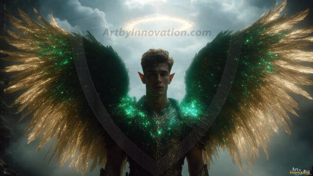 A detailed AI generated photograph featuring a beautiful handsome male angel warrior with ethereal skin and a beautiful body. Imbued with feathered wings, enormous and shimmering, a powerful warrior from the heavens. He possesses a strong, sharp jawline, chiseled muscular torso, pectorals, abs, sleek nose high cheekbones, vibrant eyes, silver earrings. With huge vibrate silver feathered wings, enormous and shimmering, with a radiant hue, reflecting light in a mesmerizing way. Here is a raw, untamed energy that emanates from him. His presence is electrifying, drawing viewers in with his captivating gaze and formidable presence. Perfect face, perfect hands.