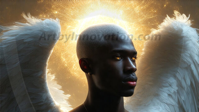 A detailed AI generated photograph featuring a beautiful handsome male angel warrior with ethereal skin and a beautiful body. Imbued with feathered wings, enormous and shimmering, a powerful warrior from the heavens. He possesses a strong, sharp jawline, chiseled muscular torso, pectorals, abs, sleek nose high cheekbones, vibrant eyes, silver earrings. With huge vibrate silver feathered wings, enormous and shimmering, with a radiant hue, reflecting light in a mesmerizing way. Here is a raw, untamed energy that emanates from him. His presence is electrifying, drawing viewers in with his captivating gaze and formidable presence. Perfect face, perfect hands.