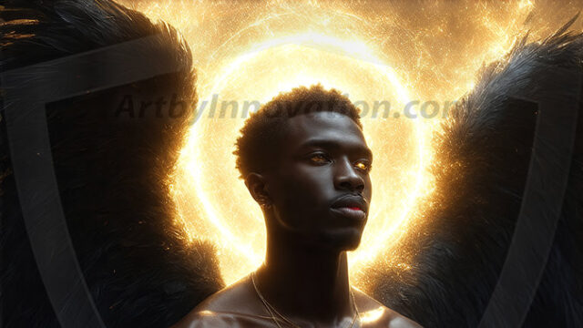 A detailed AI generated photograph featuring a beautiful handsome male angel warrior with ethereal skin and a beautiful body. Imbued with feathered wings, enormous and shimmering, a powerful warrior from the heavens. He possesses a strong, sharp jawline, chiseled muscular torso, pectorals, abs, sleek nose high cheekbones, vibrant eyes, silver earrings. With huge vibrate silver feathered wings, enormous and shimmering, with a radiant hue, reflecting light in a mesmerizing way. Here is a raw, untamed energy that emanates from him. His presence is electrifying, drawing viewers in with his captivating gaze and formidable presence. Perfect face, perfect hands.