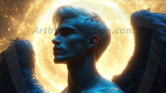 A detailed AI generated photograph featuring a beautiful handsome male angel warrior with ethereal skin and a beautiful body. Imbued with feathered wings, enormous and shimmering, a powerful warrior from the heavens. He possesses a strong, sharp jawline, chiseled muscular torso, pectorals, abs, sleek nose high cheekbones, vibrant eyes, silver earrings. With huge vibrate silver feathered wings, enormous and shimmering, with a radiant hue, reflecting light in a mesmerizing way. Here is a raw, untamed energy that emanates from him. His presence is electrifying, drawing viewers in with his captivating gaze and formidable presence. Perfect face, perfect hands.