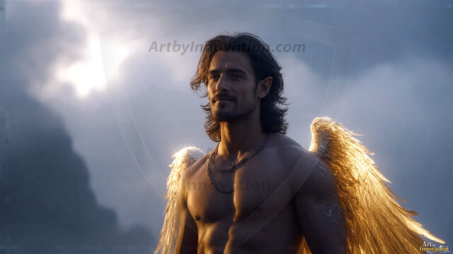 A detailed AI generated photograph featuring a beautiful handsome male angel warrior with ethereal skin and a beautiful body. Imbued with feathered wings, enormous and shimmering, a powerful warrior from the heavens. He possesses a strong, sharp jawline, chiseled muscular torso, pectorals, abs, sleek nose high cheekbones, vibrant eyes, silver earrings. With huge vibrate silver feathered wings, enormous and shimmering, with a radiant hue, reflecting light in a mesmerizing way. Here is a raw, untamed energy that emanates from him. His presence is electrifying, drawing viewers in with his captivating gaze and formidable presence. Perfect face, perfect hands.