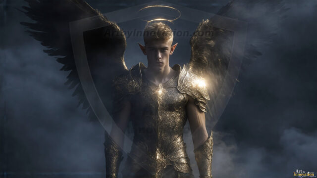 A detailed AI generated photograph featuring a beautiful handsome male angel warrior with ethereal skin and a beautiful body. Imbued with feathered wings, enormous and shimmering, a powerful warrior from the heavens. He possesses a strong, sharp jawline, chiseled muscular torso, pectorals, abs, sleek nose high cheekbones, vibrant eyes, silver earrings. With huge vibrate silver feathered wings, enormous and shimmering, with a radiant hue, reflecting light in a mesmerizing way. Here is a raw, untamed energy that emanates from him. His presence is electrifying, drawing viewers in with his captivating gaze and formidable presence. Perfect face, perfect hands.