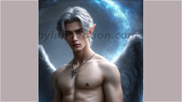 A detailed AI generated photograph featuring a beautiful handsome male angel warrior with ethereal skin and a beautiful body. Imbued with feathered wings, enormous and shimmering, a powerful warrior from the heavens. He possesses a strong, sharp jawline, chiseled muscular torso, pectorals, abs, sleek nose high cheekbones, vibrant eyes, silver earrings. With huge vibrate silver feathered wings, enormous and shimmering, with a radiant hue, reflecting light in a mesmerizing way. Here is a raw, untamed energy that emanates from him. His presence is electrifying, drawing viewers in with his captivating gaze and formidable presence. Perfect face, perfect hands.