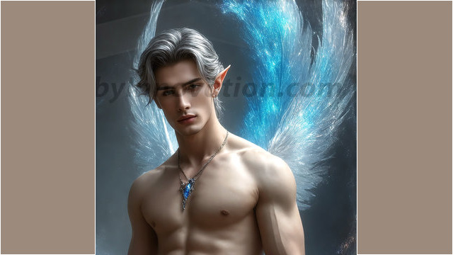 A detailed AI generated photograph featuring a beautiful handsome male angel warrior with ethereal skin and a beautiful body. Imbued with feathered wings, enormous and shimmering, a powerful warrior from the heavens. He possesses a strong, sharp jawline, chiseled muscular torso, pectorals, abs, sleek nose high cheekbones, vibrant eyes, silver earrings. With huge vibrate silver feathered wings, enormous and shimmering, with a radiant hue, reflecting light in a mesmerizing way. Here is a raw, untamed energy that emanates from him. His presence is electrifying, drawing viewers in with his captivating gaze and formidable presence. Perfect face, perfect hands.
