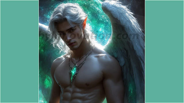 A detailed AI generated photograph featuring a beautiful handsome male angel warrior with ethereal skin and a beautiful body. Imbued with feathered wings, enormous and shimmering, a powerful warrior from the heavens. He possesses a strong, sharp jawline, chiseled muscular torso, pectorals, abs, sleek nose high cheekbones, vibrant eyes, silver earrings. With huge vibrate silver feathered wings, enormous and shimmering, with a radiant hue, reflecting light in a mesmerizing way. Here is a raw, untamed energy that emanates from him. His presence is electrifying, drawing viewers in with his captivating gaze and formidable presence. Perfect face, perfect hands.