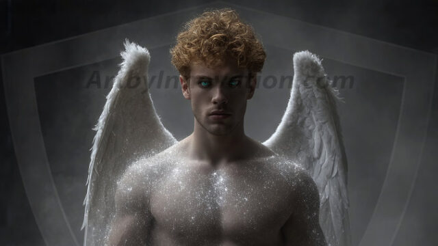 A detailed AI generated photograph featuring a beautiful handsome male angel warrior with ethereal skin and a beautiful body. Imbued with feathered wings, enormous and shimmering, a powerful warrior from the heavens. He possesses a strong, sharp jawline, chiseled muscular torso, pectorals, abs, sleek nose high cheekbones, vibrant eyes, silver earrings. With huge vibrate silver feathered wings, enormous and shimmering, with a radiant hue, reflecting light in a mesmerizing way. Here is a raw, untamed energy that emanates from him. His presence is electrifying, drawing viewers in with his captivating gaze and formidable presence. Perfect face, perfect hands.