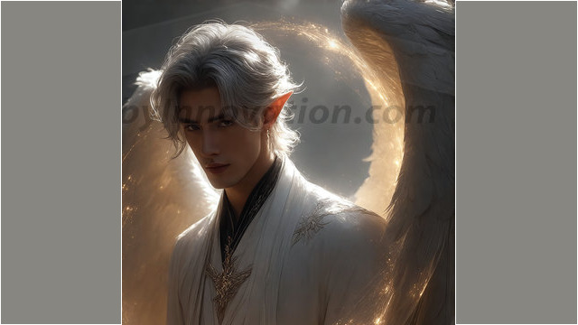 A detailed AI generated photograph featuring a beautiful handsome male angel warrior with ethereal skin and a beautiful body. Imbued with feathered wings, enormous and shimmering, a powerful warrior from the heavens. He possesses a strong, sharp jawline, chiseled muscular torso, pectorals, abs, sleek nose high cheekbones, vibrant eyes, silver earrings. With huge vibrate silver feathered wings, enormous and shimmering, with a radiant hue, reflecting light in a mesmerizing way. Here is a raw, untamed energy that emanates from him. His presence is electrifying, drawing viewers in with his captivating gaze and formidable presence. Perfect face, perfect hands.
