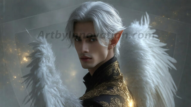 A detailed AI generated photograph featuring a beautiful handsome male angel warrior with ethereal skin and a beautiful body. Imbued with feathered wings, enormous and shimmering, a powerful warrior from the heavens. He possesses a strong, sharp jawline, chiseled muscular torso, pectorals, abs, sleek nose high cheekbones, vibrant eyes, silver earrings. With huge vibrate silver feathered wings, enormous and shimmering, with a radiant hue, reflecting light in a mesmerizing way. Here is a raw, untamed energy that emanates from him. His presence is electrifying, drawing viewers in with his captivating gaze and formidable presence. Perfect face, perfect hands.