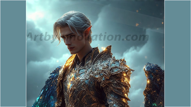 A detailed AI generated photograph featuring a beautiful handsome male angel warrior with ethereal skin and a beautiful body. Imbued with feathered wings, enormous and shimmering, a powerful warrior from the heavens. He possesses a strong, sharp jawline, chiseled muscular torso, pectorals, abs, sleek nose high cheekbones, vibrant eyes, silver earrings. With huge vibrate silver feathered wings, enormous and shimmering, with a radiant hue, reflecting light in a mesmerizing way. Here is a raw, untamed energy that emanates from him. His presence is electrifying, drawing viewers in with his captivating gaze and formidable presence. Perfect face, perfect hands.