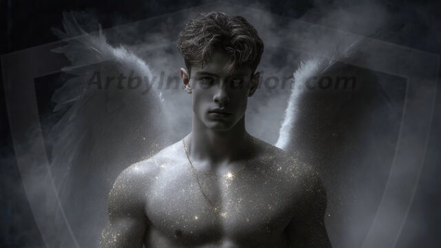 A detailed AI generated photograph featuring a beautiful handsome male angel warrior with ethereal skin and a beautiful body. Imbued with feathered wings, enormous and shimmering, a powerful warrior from the heavens. He possesses a strong, sharp jawline, chiseled muscular torso, pectorals, abs, sleek nose high cheekbones, vibrant eyes, silver earrings. With huge vibrate silver feathered wings, enormous and shimmering, with a radiant hue, reflecting light in a mesmerizing way. Here is a raw, untamed energy that emanates from him. His presence is electrifying, drawing viewers in with his captivating gaze and formidable presence. Perfect face, perfect hands.