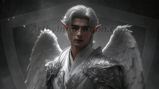 A detailed AI generated photograph featuring a beautiful handsome male angel warrior with ethereal skin and a beautiful body. Imbued with feathered wings, enormous and shimmering, a powerful warrior from the heavens. He possesses a strong, sharp jawline, chiseled muscular torso, pectorals, abs, sleek nose high cheekbones, vibrant eyes, silver earrings. With huge vibrate silver feathered wings, enormous and shimmering, with a radiant hue, reflecting light in a mesmerizing way. Here is a raw, untamed energy that emanates from him. His presence is electrifying, drawing viewers in with his captivating gaze and formidable presence. Perfect face, perfect hands.