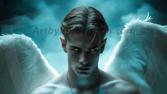 A detailed AI generated photograph featuring a beautiful handsome male angel warrior with ethereal skin and a beautiful body. Imbued with feathered wings, enormous and shimmering, a powerful warrior from the heavens. He possesses a strong, sharp jawline, chiseled muscular torso, pectorals, abs, sleek nose high cheekbones, vibrant eyes, silver earrings. With huge vibrate silver feathered wings, enormous and shimmering, with a radiant hue, reflecting light in a mesmerizing way. Here is a raw, untamed energy that emanates from him. His presence is electrifying, drawing viewers in with his captivating gaze and formidable presence. Perfect face, perfect hands.