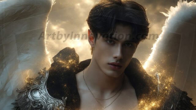 A detailed AI generated photograph featuring a beautiful handsome male angel warrior with ethereal skin and a beautiful body. Imbued with feathered wings, enormous and shimmering, a powerful warrior from the heavens. He possesses a strong, sharp jawline, chiseled muscular torso, pectorals, abs, sleek nose high cheekbones, vibrant eyes, silver earrings. With huge vibrate silver feathered wings, enormous and shimmering, with a radiant hue, reflecting light in a mesmerizing way. Here is a raw, untamed energy that emanates from him. His presence is electrifying, drawing viewers in with his captivating gaze and formidable presence. Perfect face, perfect hands.