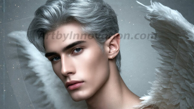 A detailed AI generated photograph featuring a beautiful handsome male angel warrior with ethereal skin and a beautiful body. Imbued with feathered wings, enormous and shimmering, a powerful warrior from the heavens. He possesses a strong, sharp jawline, chiseled muscular torso, pectorals, abs, sleek nose high cheekbones, vibrant eyes, silver earrings. With huge vibrate silver feathered wings, enormous and shimmering, with a radiant hue, reflecting light in a mesmerizing way. Here is a raw, untamed energy that emanates from him. His presence is electrifying, drawing viewers in with his captivating gaze and formidable presence. Perfect face, perfect hands.