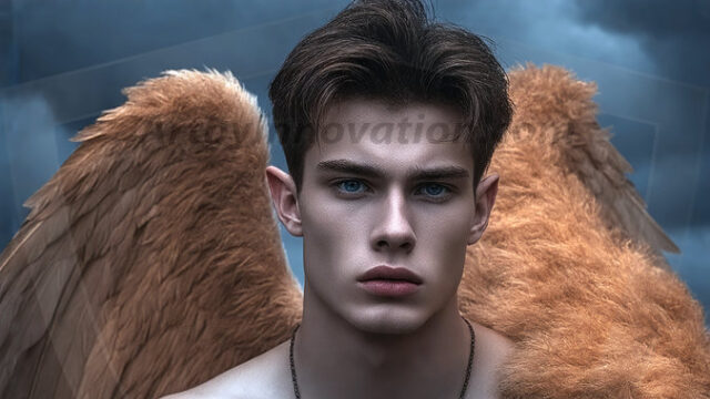 A detailed AI generated photograph featuring a beautiful handsome male angel warrior with ethereal skin and a beautiful body. Imbued with feathered wings, enormous and shimmering, a powerful warrior from the heavens. He possesses a strong, sharp jawline, chiseled muscular torso, pectorals, abs, sleek nose high cheekbones, vibrant eyes, silver earrings. With huge vibrate silver feathered wings, enormous and shimmering, with a radiant hue, reflecting light in a mesmerizing way. Here is a raw, untamed energy that emanates from him. His presence is electrifying, drawing viewers in with his captivating gaze and formidable presence. Perfect face, perfect hands.