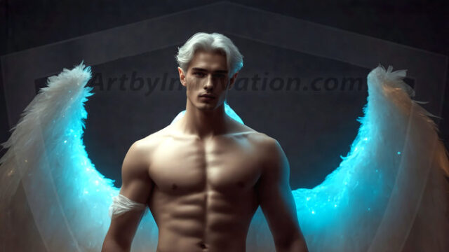 A detailed AI generated photograph featuring a beautiful handsome male angel warrior with ethereal skin and a beautiful body. Imbued with feathered wings, enormous and shimmering, a powerful warrior from the heavens. He possesses a strong, sharp jawline, chiseled muscular torso, pectorals, abs, sleek nose high cheekbones, vibrant eyes, silver earrings. With huge vibrate silver feathered wings, enormous and shimmering, with a radiant hue, reflecting light in a mesmerizing way. Here is a raw, untamed energy that emanates from him. His presence is electrifying, drawing viewers in with his captivating gaze and formidable presence. Perfect face, perfect hands.