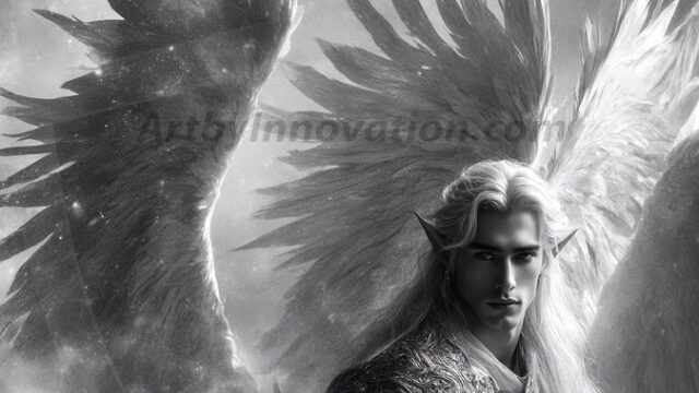 A detailed AI generated photograph featuring a beautiful handsome male angel warrior with ethereal skin and a beautiful body. Imbued with feathered wings, enormous and shimmering, a powerful warrior from the heavens. He possesses a strong, sharp jawline, chiseled muscular torso, pectorals, abs, sleek nose high cheekbones, vibrant eyes, silver earrings. With huge vibrate silver feathered wings, enormous and shimmering, with a radiant hue, reflecting light in a mesmerizing way. Here is a raw, untamed energy that emanates from him. His presence is electrifying, drawing viewers in with his captivating gaze and formidable presence. Perfect face, perfect hands.