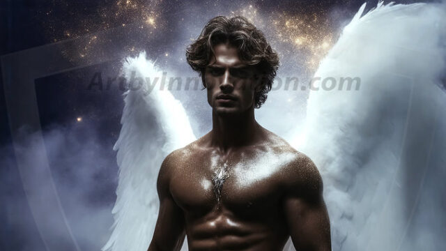 A detailed AI generated photograph featuring a beautiful handsome male angel warrior with ethereal skin and a beautiful body. Imbued with feathered wings, enormous and shimmering, a powerful warrior from the heavens. He possesses a strong, sharp jawline, chiseled muscular torso, pectorals, abs, sleek nose high cheekbones, vibrant eyes, silver earrings. With huge vibrate silver feathered wings, enormous and shimmering, with a radiant hue, reflecting light in a mesmerizing way. Here is a raw, untamed energy that emanates from him. His presence is electrifying, drawing viewers in with his captivating gaze and formidable presence. Perfect face, perfect hands.
