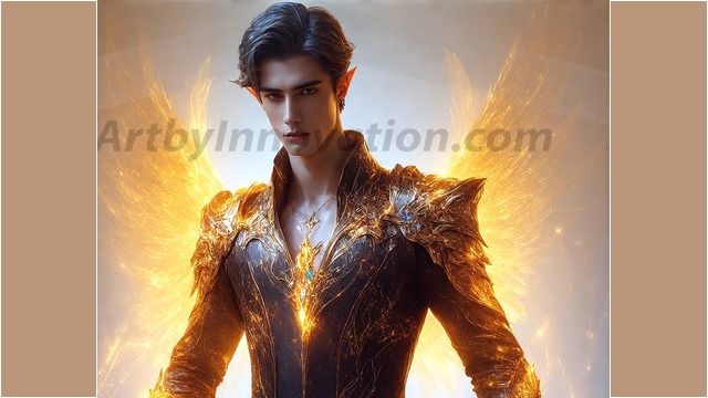 A detailed AI generated photograph featuring a beautiful handsome male angel warrior with ethereal skin and a beautiful body. Imbued with feathered wings, enormous and shimmering, a powerful warrior from the heavens. He possesses a strong, sharp jawline, chiseled muscular torso, pectorals, abs, sleek nose high cheekbones, vibrant eyes, silver earrings. With huge vibrate silver feathered wings, enormous and shimmering, with a radiant hue, reflecting light in a mesmerizing way. Here is a raw, untamed energy that emanates from him. His presence is electrifying, drawing viewers in with his captivating gaze and formidable presence. Perfect face, perfect hands.