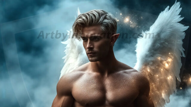 A detailed AI generated photograph featuring a beautiful handsome male angel warrior with ethereal skin and a beautiful body. Imbued with feathered wings, enormous and shimmering, a powerful warrior from the heavens. He possesses a strong, sharp jawline, chiseled muscular torso, pectorals, abs, sleek nose high cheekbones, vibrant eyes, silver earrings. With huge vibrate silver feathered wings, enormous and shimmering, with a radiant hue, reflecting light in a mesmerizing way. Here is a raw, untamed energy that emanates from him. His presence is electrifying, drawing viewers in with his captivating gaze and formidable presence. Perfect face, perfect hands.