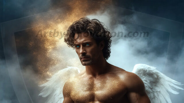 A detailed AI generated photograph featuring a beautiful handsome male angel warrior with ethereal skin and a beautiful body. Imbued with feathered wings, enormous and shimmering, a powerful warrior from the heavens. He possesses a strong, sharp jawline, chiseled muscular torso, pectorals, abs, sleek nose high cheekbones, vibrant eyes, silver earrings. With huge vibrate silver feathered wings, enormous and shimmering, with a radiant hue, reflecting light in a mesmerizing way. Here is a raw, untamed energy that emanates from him. His presence is electrifying, drawing viewers in with his captivating gaze and formidable presence. Perfect face, perfect hands.