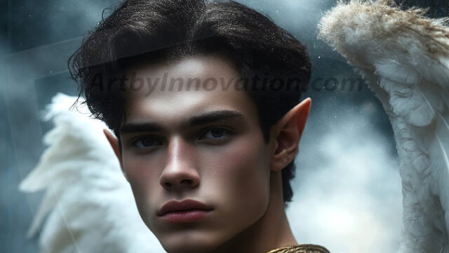 A detailed AI generated photograph featuring a beautiful handsome male angel warrior with ethereal skin and a beautiful body. Imbued with feathered wings, enormous and shimmering, a powerful warrior from the heavens. He possesses a strong, sharp jawline, chiseled muscular torso, pectorals, abs, sleek nose high cheekbones, vibrant eyes, silver earrings. With huge vibrate silver feathered wings, enormous and shimmering, with a radiant hue, reflecting light in a mesmerizing way. Here is a raw, untamed energy that emanates from him. His presence is electrifying, drawing viewers in with his captivating gaze and formidable presence. Perfect face, perfect hands.