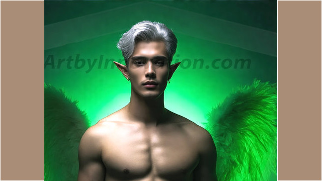 A detailed AI generated photograph featuring a beautiful handsome male angel warrior with ethereal skin and a beautiful body. Imbued with feathered wings, enormous and shimmering, a powerful warrior from the heavens. He possesses a strong, sharp jawline, chiseled muscular torso, pectorals, abs, sleek nose high cheekbones, vibrant eyes, silver earrings. With huge vibrate silver feathered wings, enormous and shimmering, with a radiant hue, reflecting light in a mesmerizing way. Here is a raw, untamed energy that emanates from him. His presence is electrifying, drawing viewers in with his captivating gaze and formidable presence. Perfect face, perfect hands.
