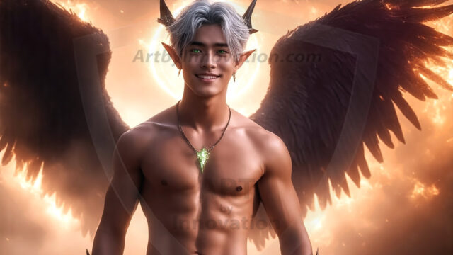 A detailed AI generated photograph featuring a beautiful handsome male angel warrior with ethereal skin and a beautiful body. Imbued with feathered wings, enormous and shimmering, a powerful warrior from the heavens. He possesses a strong, sharp jawline, chiseled muscular torso, pectorals, abs, sleek nose high cheekbones, vibrant eyes, silver earrings. With huge vibrate silver feathered wings, enormous and shimmering, with a radiant hue, reflecting light in a mesmerizing way. Here is a raw, untamed energy that emanates from him. His presence is electrifying, drawing viewers in with his captivating gaze and formidable presence. Perfect face, perfect hands.